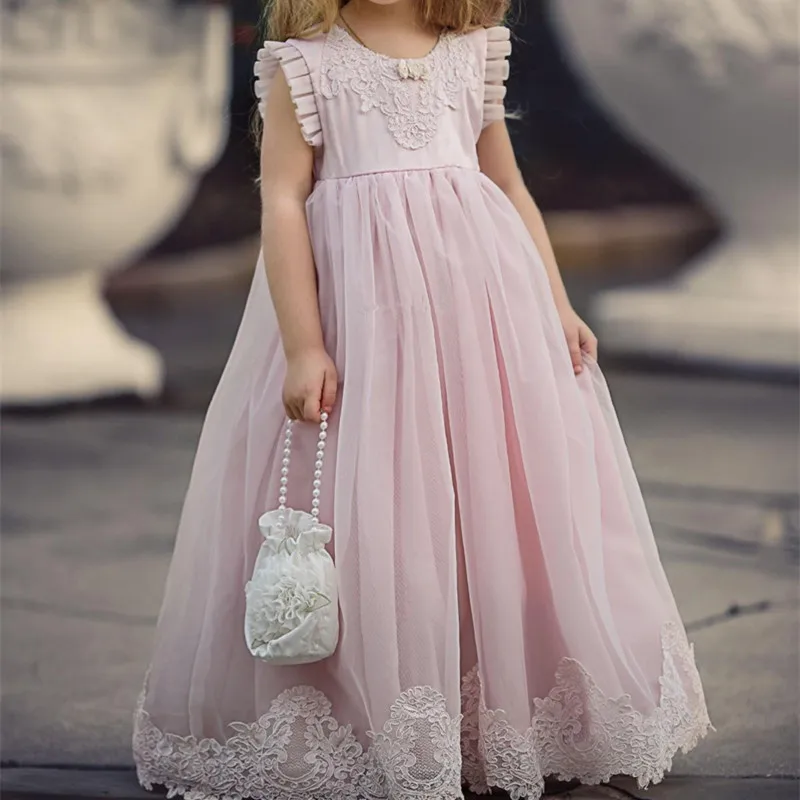 

Pink Lovely Flower Girl Dresses Special Occasion for Weddings Kids Pageant Gowns A-Line Lace Appliqued First Communion Dress