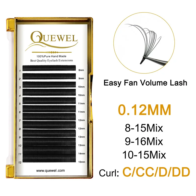 

Quewel Lashes Easy Fan 0.12mm Volume Eyelash Flowering Russian Eyelashes Extension Fast Blooming C/CC/D/DD Curl Premade Fan Lash