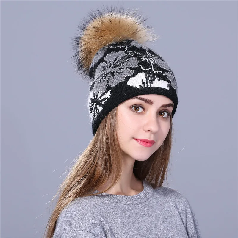 [Xthree]real Raccoon fur pom poms knitted beanie winter hat for women and girl hat thick female Rabbit fur wool cap