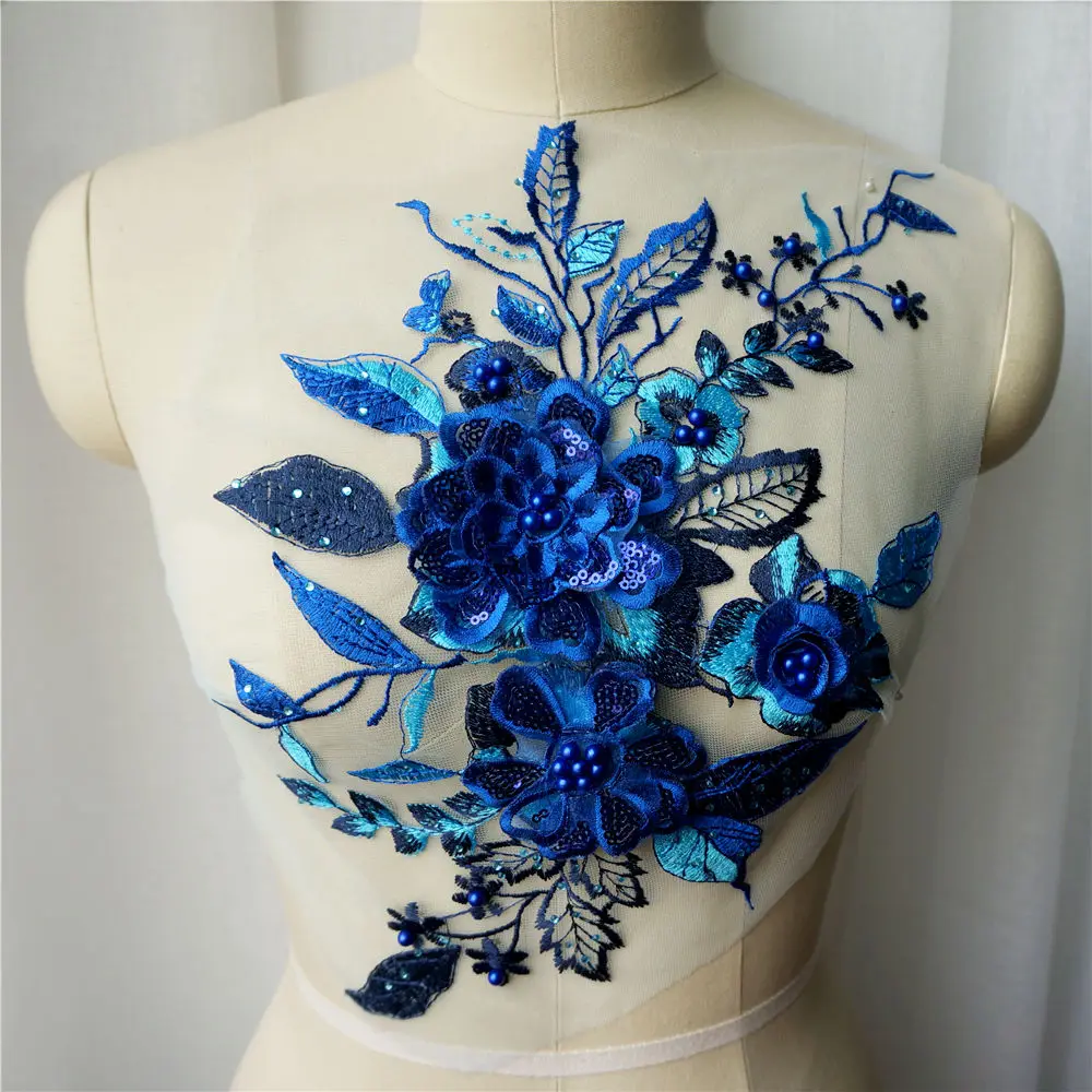 Royal Blue 3D Flower Lace Fabric Sequin Beads Rhinestone Embroidered Gown Appliques Sew Patch For Wedding Decoration Dress DIY