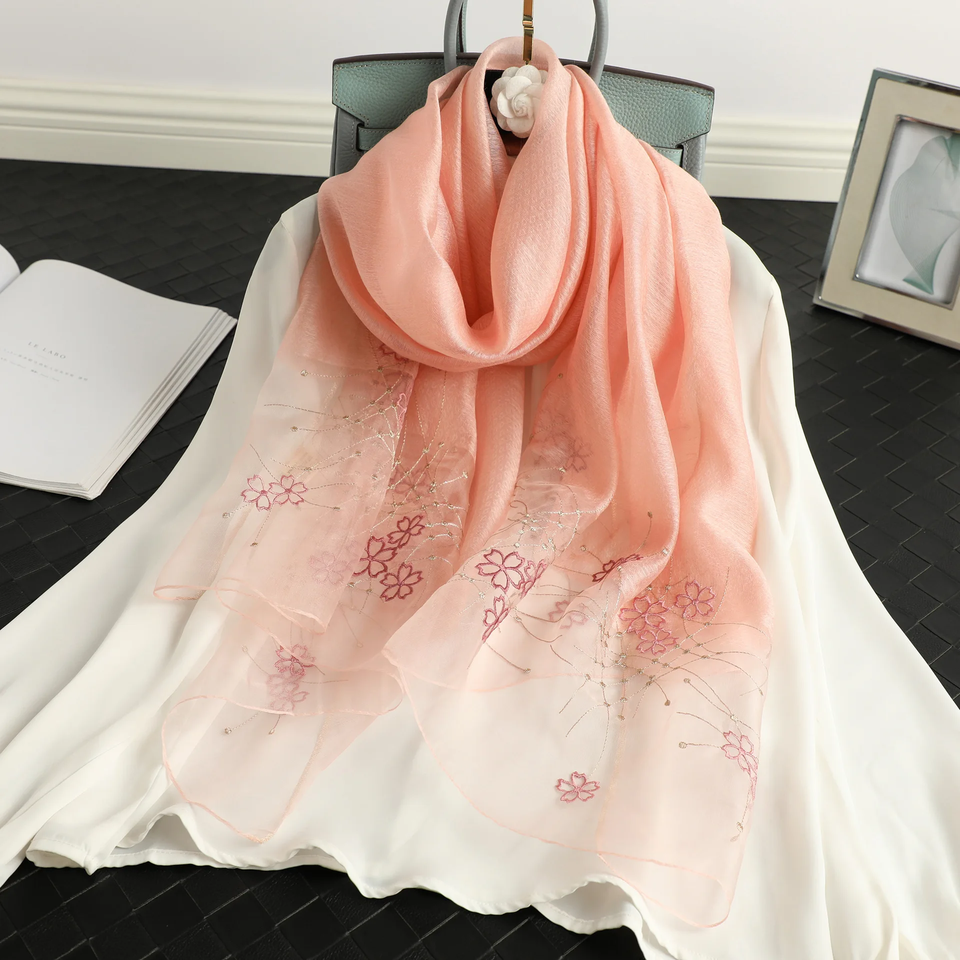 

2024 Lady Floral Embroidery Silk Wool Scarf Women Hijab Female Foulard Pashmina Long Beach Stoles Shawl Wrap Scarves Bandana