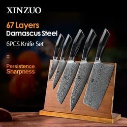 XINZUO 6PCS Damascus Steel Knives Set Natural Acacia Wood Magnetic Knife Holder Japanese Forged Damascus Steel Knife G10 Handle