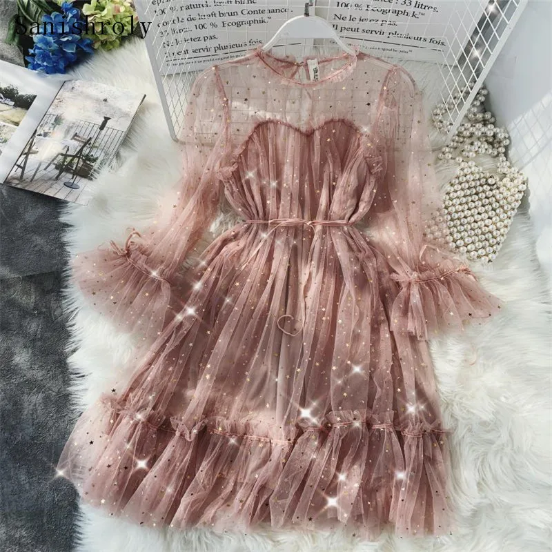 

Sanishroly Women Star Sequined Lace Dress Spring Sweet Belt Flare Sleeve Mesh Dress Ladies Long Princess Ball Gown Vestidos C150