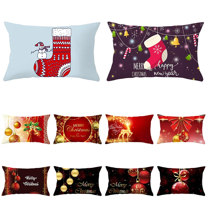 

Christmas Bow-Knot Pine Branch Red Cushion Cover 12x30in Snowflake Elk Printed Rectangle Pillow Cover Holiday Lumbar Pillowcase