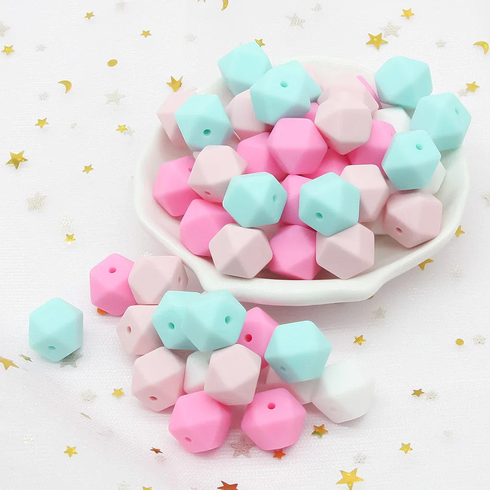 Cute-Idea 10pcs 14mm Silicone Beads Hexagon Pearl Food Grade Teether DIY Pacifier Clips Beads Necklace Baby Toy Teething