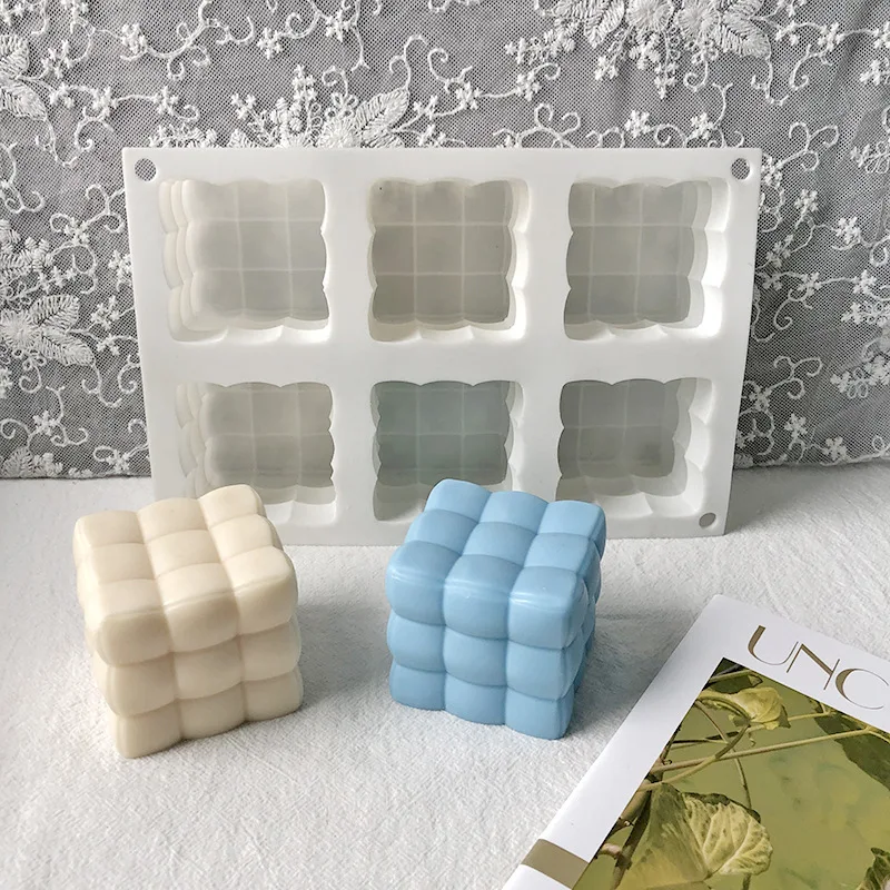 6 Cavities 3D Cube Baking Mousse Cake Mold Silicone Square Bubble Dessert Molds Cake Tray Kitchen Bakeware Candle Plaster Mould