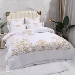 Set di biancheria da letto con ricamo dorato di fascia alta Set copripiumino in cotone egiziano nobile europeo di lusso federe per lenzuola King Queen Size