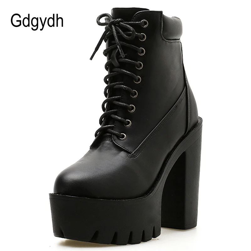 Gdgydh Women Chunky Ankle Boots Leather Round Toe Platform Knight Boots Shoes High Heels Black White Thick Heel Lace Up