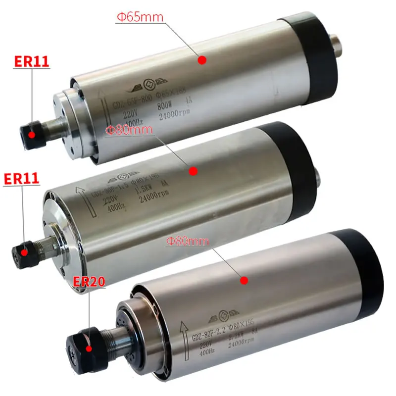800W 1500W 2200W Silnik wrzeciona CNC 220V Chłodzona powietrzem frezarka Wał osi Z 1.5KW 2.2KW Średnica 65mm 80mm Uchwyt zaciskowy ER11