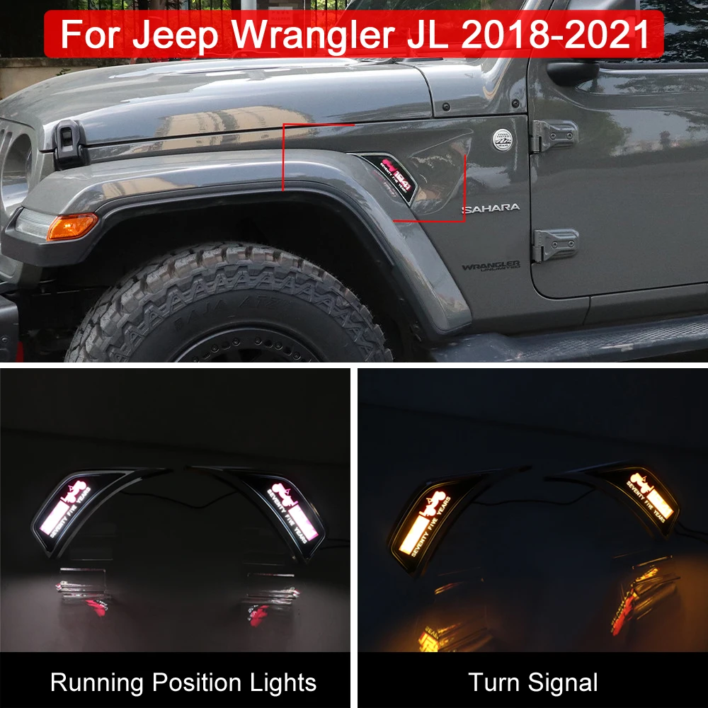 

LED Side Marker Lamp For Jeep Wrangler JL 2018 2019 2020 2021 Function Dynamic Turn Signal Light White Running Position Light