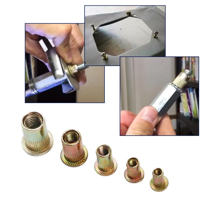10PCS/set Carbon Steel Rivet Nuts M3 M4 M5 M6 M8 M10 Multi Size Flat Head Rivet Nuts Set Nuts Insert Rivet Tool