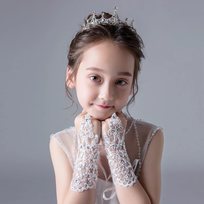 Guanti da principessa per ragazze vestito da ragazza guanto pizzo diamante Performance fotografia Costume accessori da sposa per bambini regalo di compleanno