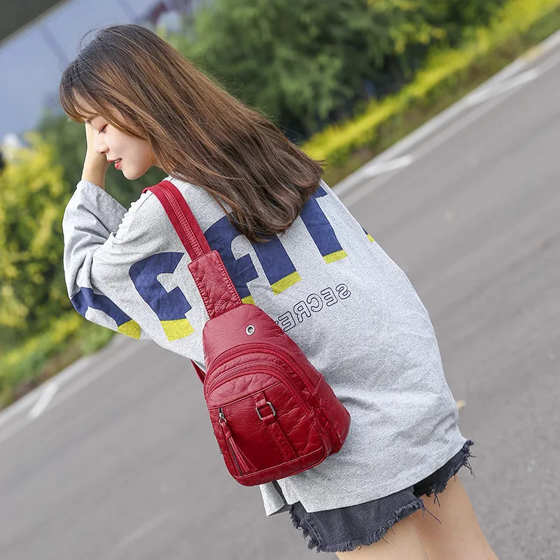 Women Chest Bag soft PU leather Crossbody Bags for female messenger bags small Casual Travel backpack red bolsa feminina Soft