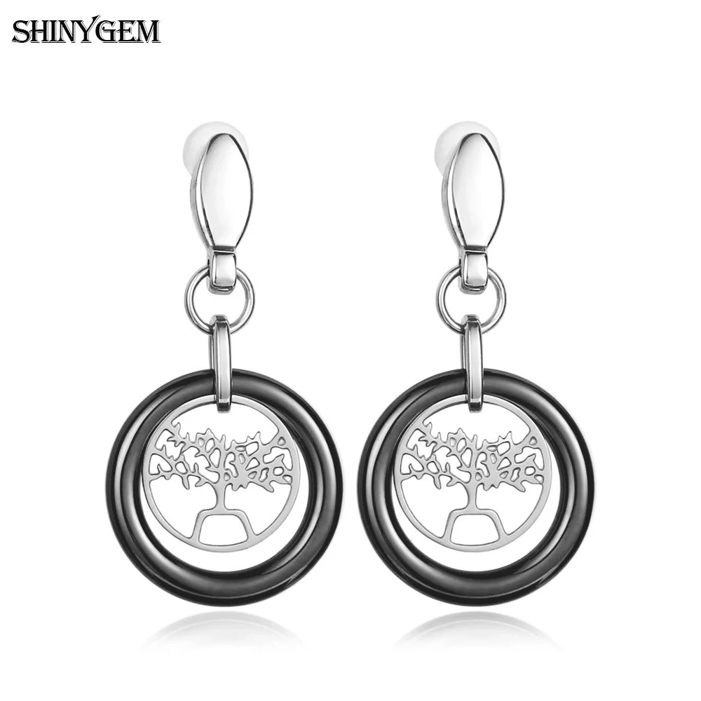 2020 Korean Black White Pottery Classic Titanium Stainless Steel Ceramic Eardrop Fashion Tree Hollow Earrings For Women Girl