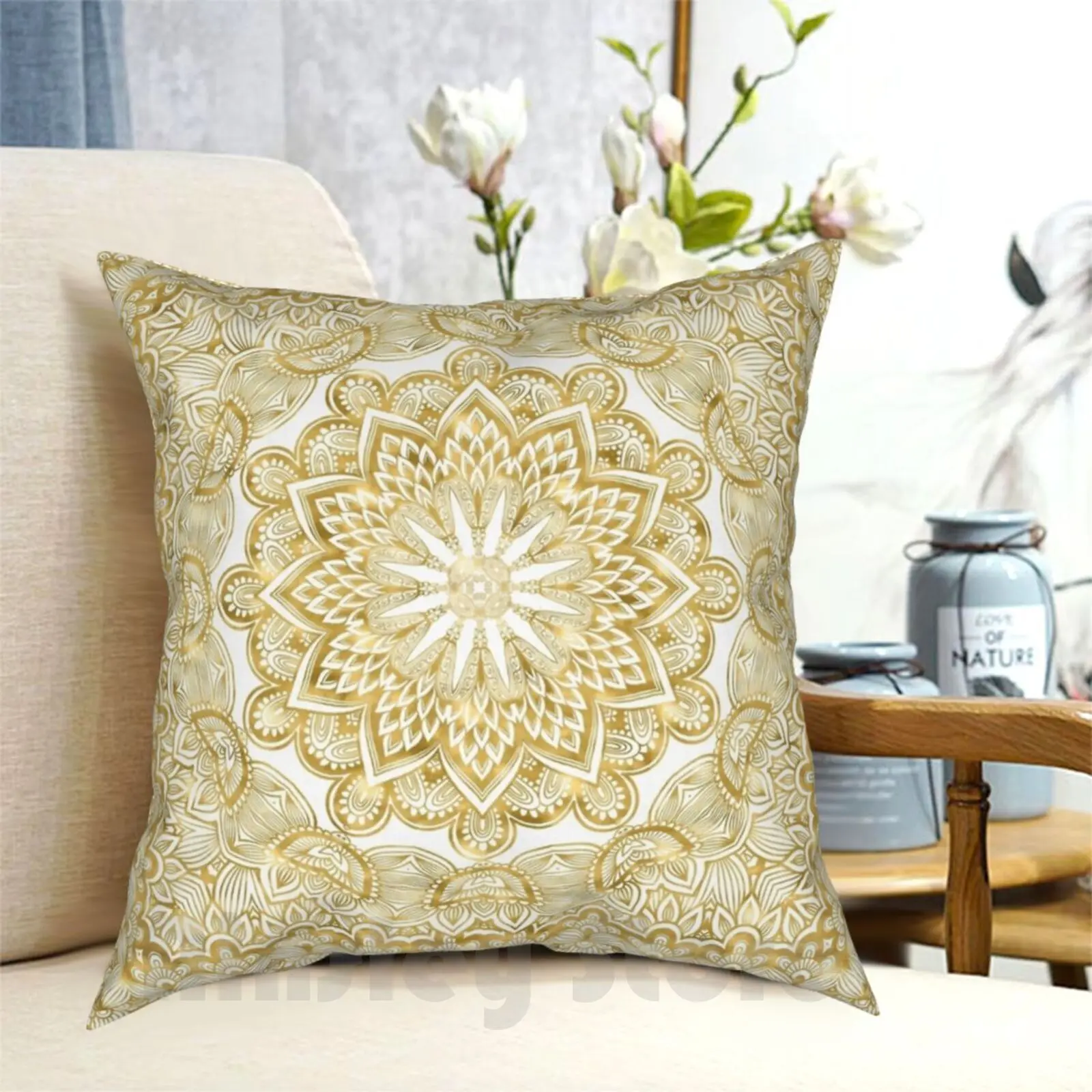 Espresso Pattern Mandala In Gold Pillow Case Printed Home Soft Throw Pillow Mandala Pattern Gold Geometric Symmetry