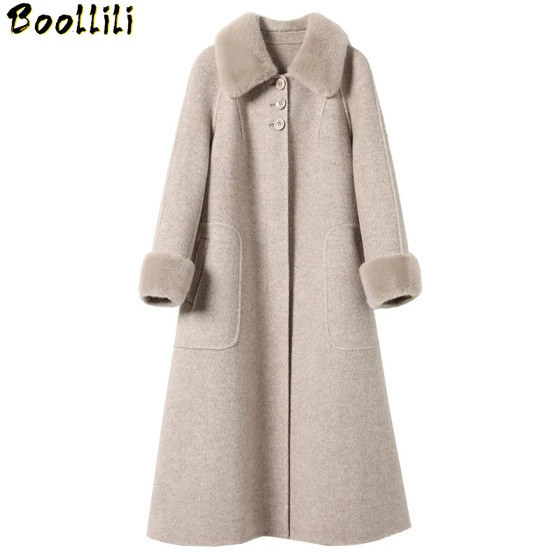 

Coat Boollili Winter Women 100% Wool Coat Female Mink Fur Collar Double Side Woolen Coats Korean Long Jacket Manteau Femme