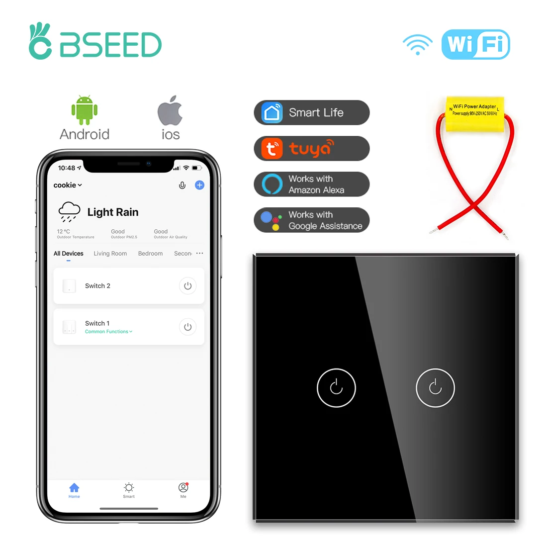 BSEED 1/2/3Gang 1way Wifi Switches Single Live Wire with Capactior Wall Smart Touch Light Switch Blue Backlight Glass Panel