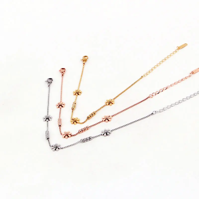 High Quality Box Chain Chrysanthemum And Beads Woman Anklet Stainless Steel Gold And Rose Color Gift