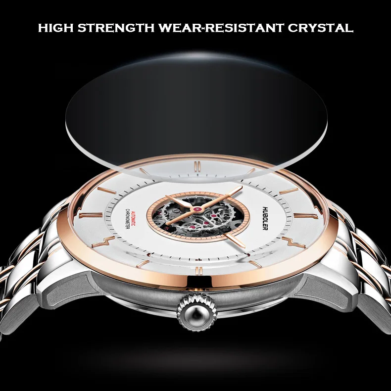 HANBORO Mens นาฬิกาอัตโนมัติหรูหรากันน้ําแฟชั่น Self Wind Mechanical นาฬิกาข้อมือ Double Side Hollow Out Dial