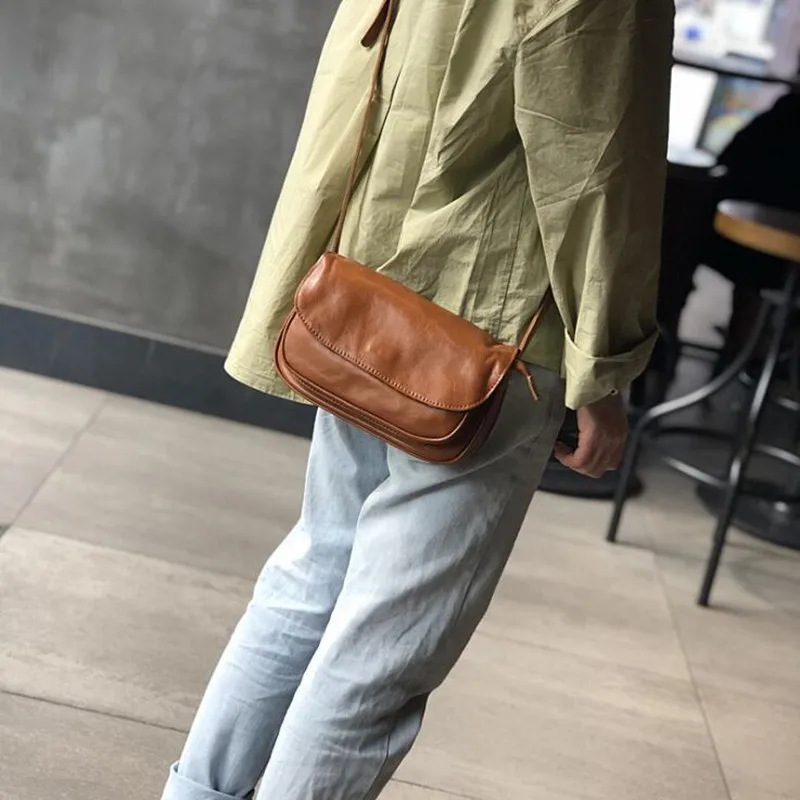 2024 retro leather shoulder bag first layer cowhide single shoulder female bag casual messenger bag trendy female messenger bag