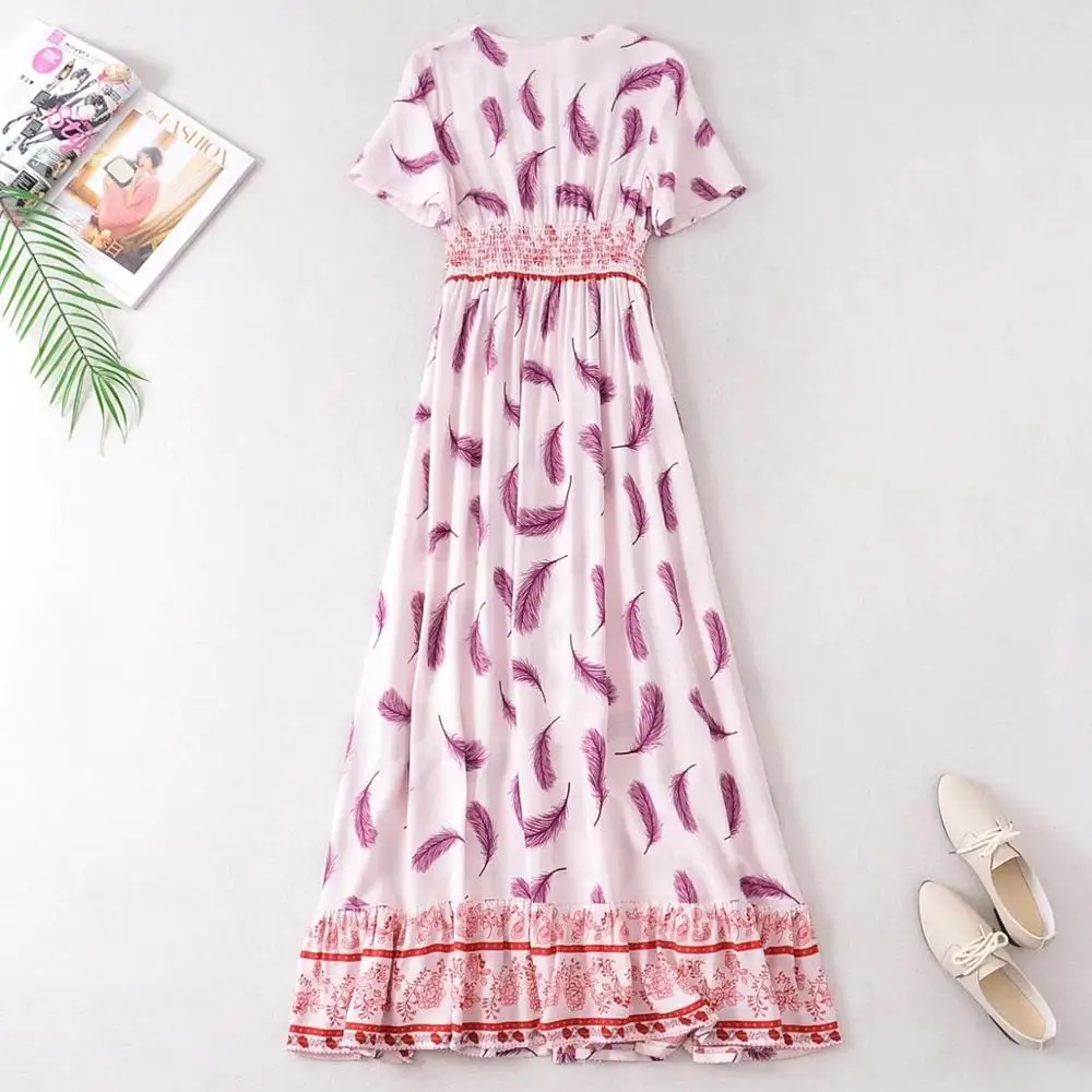 2020 BOHO Lage Feder Print Kurzarm Kleid Schlitz Urlaub Frauen Elastische Taille einreiher Tasten Maxi Lange Kleider