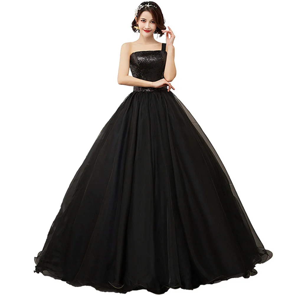 Elegante quinceanera vestidos preto um ombro tule vestido de baile baile baile quinceanera vestidos