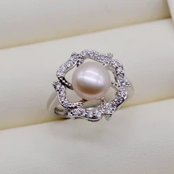 Flower Rings Round Natural Freshwater Pearl Silver Rings Zirconia Adjustable Engagement Rings Pearl Rings for Women