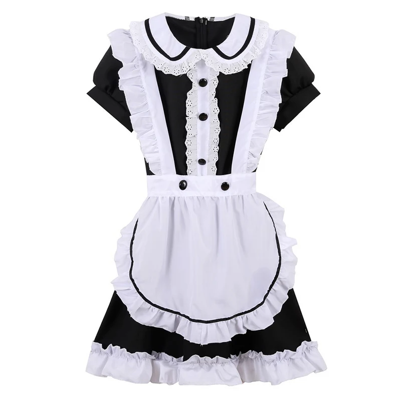 

Women Ladies Black White Maid Costumes Short Sleeve Doll Collar Lace Retro Maid Dress Lolita French Maid Outfit Cosplay Costume