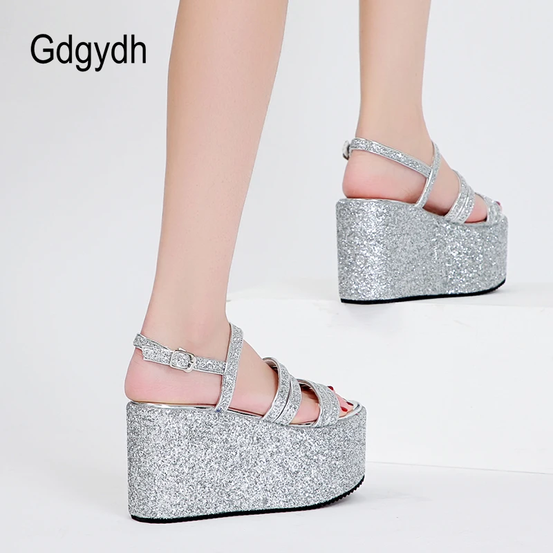 Gdgydh Trendy Sandals Women Wedges Heel Brand Deisgn Bling Sequines Back Strap Thick Sole Platform Shoes On Summer Club Party