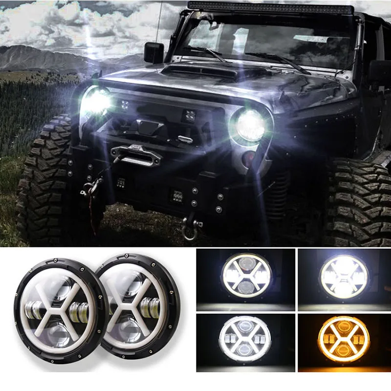 7Inch LED Headlight White Halo Angle Eyes Led Headlamp Hi/Low Turn Signal for Urban 4x4 Suzuki Samurai Jeep Wrangler Off Road