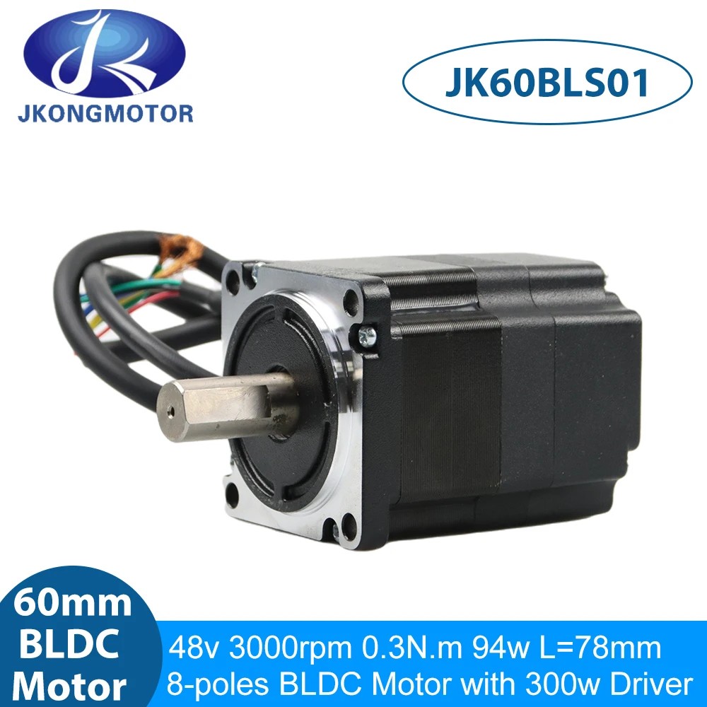 

Jkongmotor 94 Вт, 3000 об/мин, 48 В, 0,3 Нм, двигатель BLDC, фланец 60 мм JK60BLS01, бесщеточный двигатель постоянного тока, 3 фазы, длина корпуса 78 мм + драйвер JKBLD300