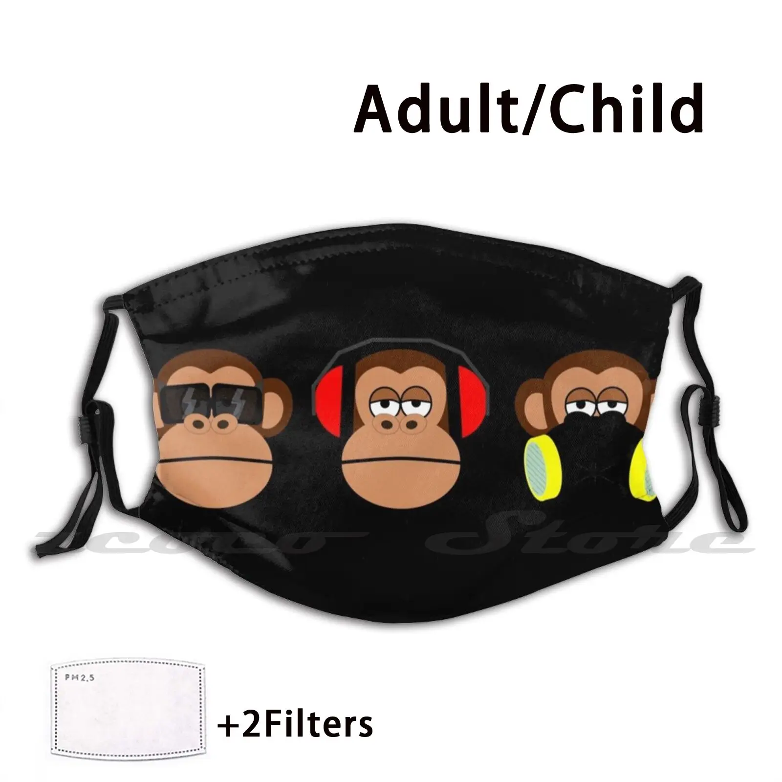 

3 Monkeys Remastered Mask Cloth Reusable Print Filter Washable Monkey Animal Jungle Expression Helmet Glasses 3 Monkeys Eye