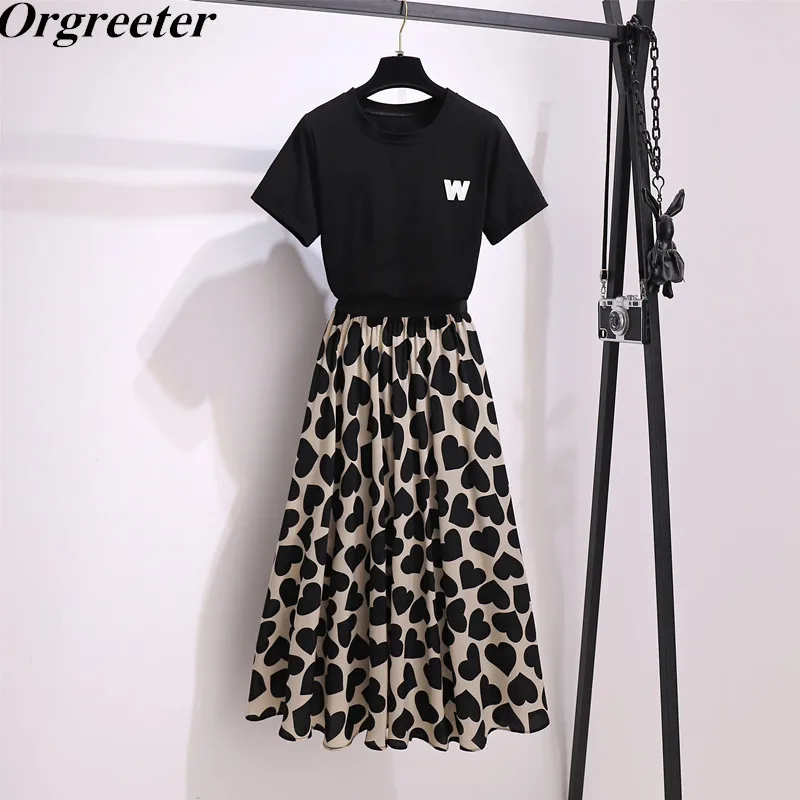 

Separately sale Tshirt and Skirt Summer Letter Embroidery Black Tee + Elastic waist Print Big Swing A-line Long Skirts 2PCS sets