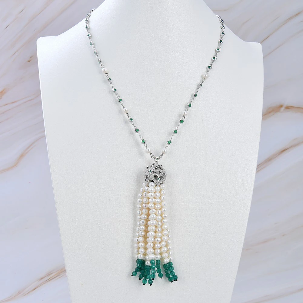 Jewelry Naural White Pearl Green Agates Pendant CZ Chain Necklace Earrings Sets Cute Style For Lady Women Gift Jewelry