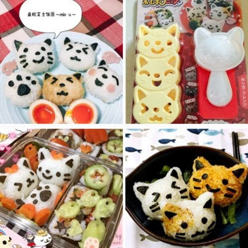 3pcs/set Sushi Mold Rice Ball Mold Cartoon Cat Pattern Sushi Bento Nori Kitchen Rice Decor Kits Sandwich for Baby Kids