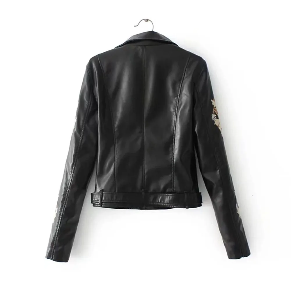 Embroidery faux leather PU Jacket Women Spring Autumn Fashion Motorcycle Jacket Black faux leather coats Outerwear 2019 Coat HOT