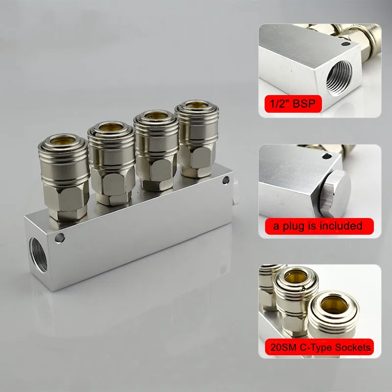 

With 20SM C-Type Sockets 27x36mm 1/2" x 1/4" BSP Female 2-10 Ways 4-12 Ports Solid Aluminum Pneumatic Manifold Block Splitter