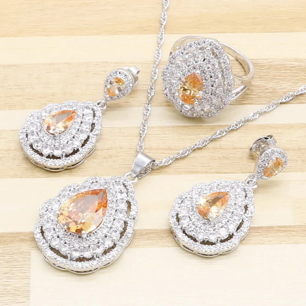 XUTAAYI Trinket  Sterling Silver Water Drop Brown Zircon Wonderful Gift Jewelry Sets Earrings Pendant Necklace Bracelet Ring