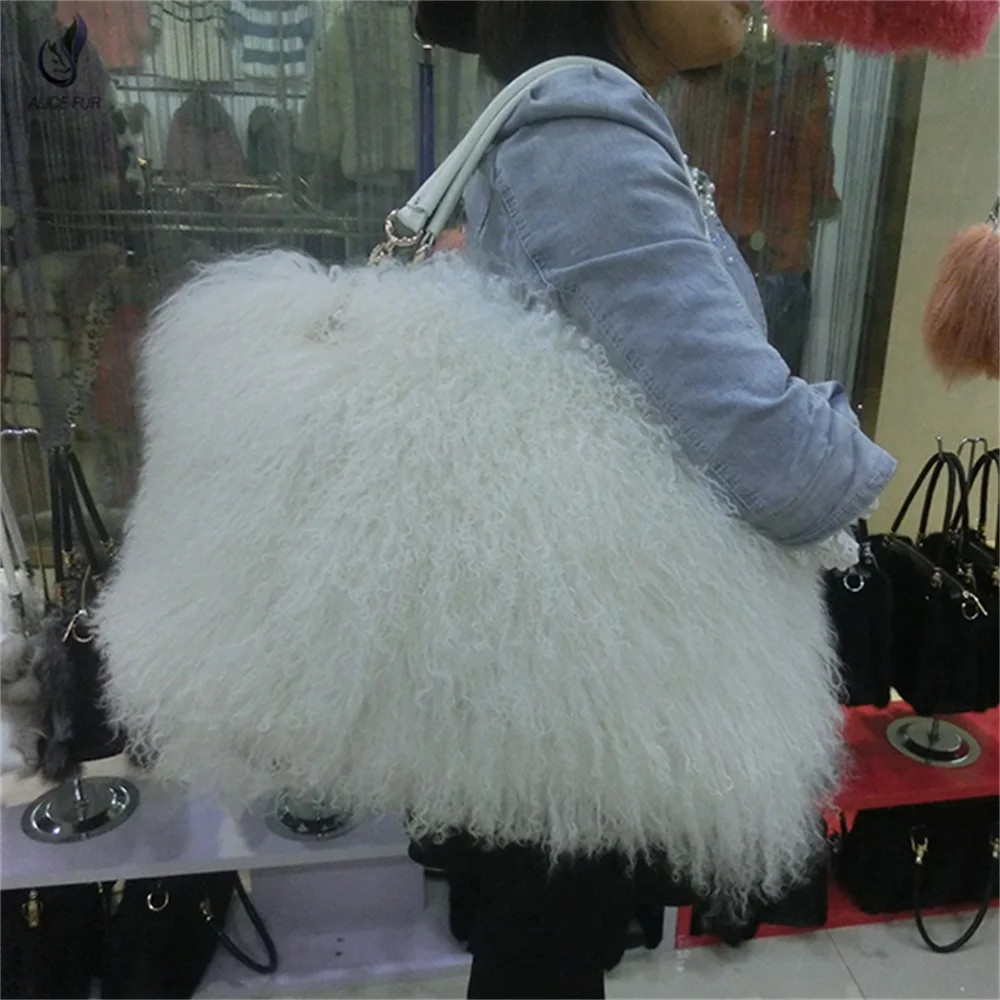 Wholesale Fashion Women mongolian Sheep Fur Tote Bags Genuine Lamb Fur Handbag