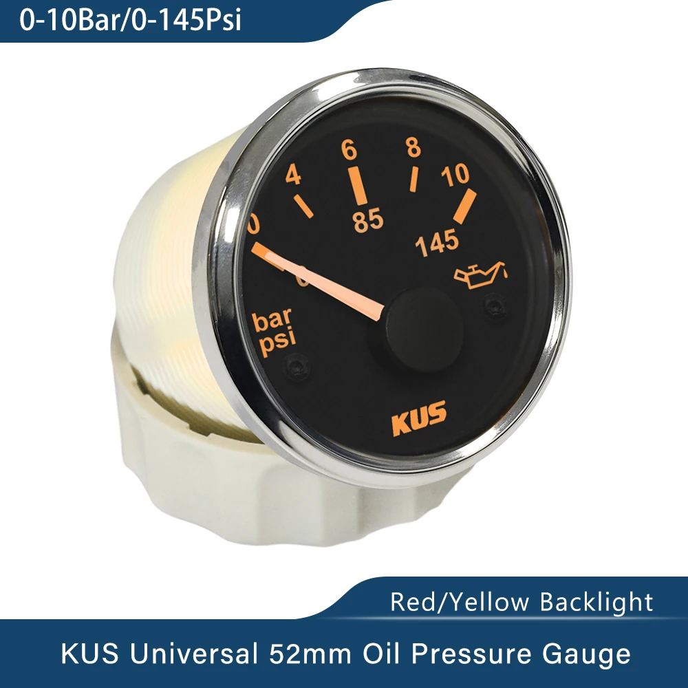 New KUS Boat Car Oil Fuel Pressure Gauge Meter 0-5 0-10 Bar with Red/Yellow Backlight 12V 24V 52mm(2\