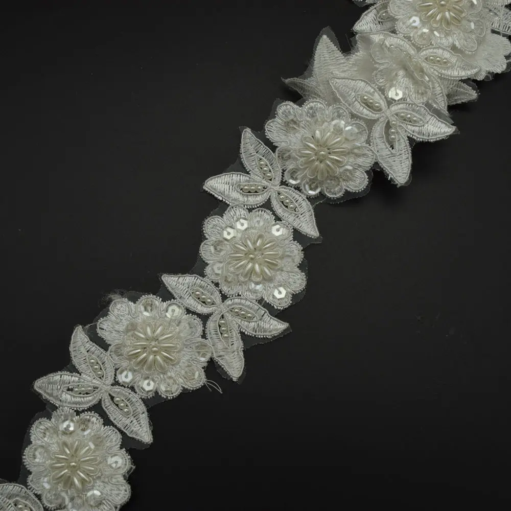 

White color Beaded Embroidered Venise Floral Wedding Edging Bridal Lace Trimming 1.7" for diy wedding lace