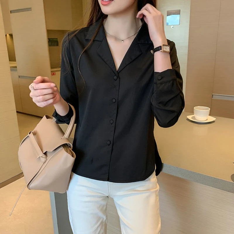 Shirt Women Solid Chiffon Design Autumn Long Sleeves Elegant Casual Korean Style Chic Single Breasted Notched Collar Ladies Hot