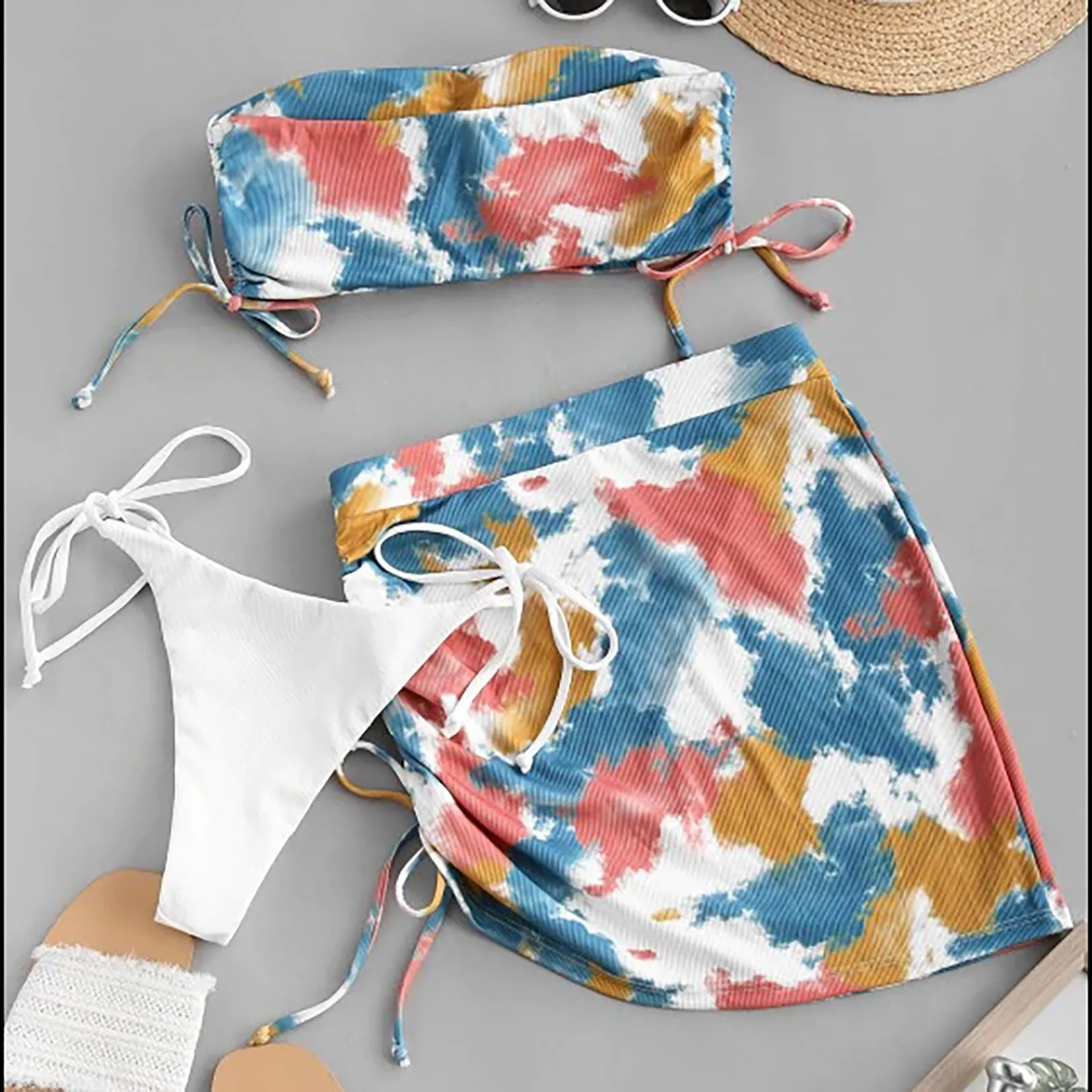 

Summer Swimsuit Bikini Set Bohemia Women Tie-dye Bandeau Bikini Three Piece Split Swimwear Beachwear biquinis feminino A40