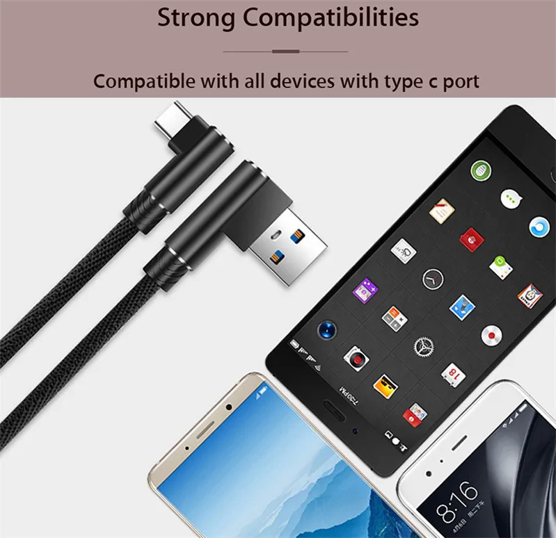 90 degree USB Type C Cable For xiaomi mi 10 9 8 se max 3 mix 2s pocophone f1 A3 huawei p30 samsung A50 A80 Redmi note 7 k20 K30