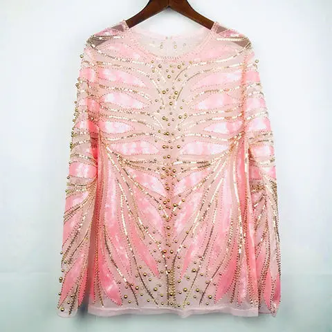 Luxury Perspective Gold Sequined Chiffon Blouses Lace Pearls Beaded Pullover Mesh Spliced T-shirt Sequins Long Sleeve Tees Tops