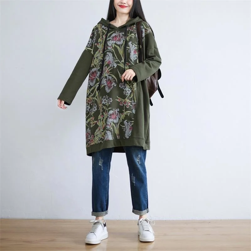 Masss Wasss 2021 Autumn Green Hooded Printed Punk Sweatshirt Womens Loose Casual Long Hoodies Female Flowers Harajuku Clothes