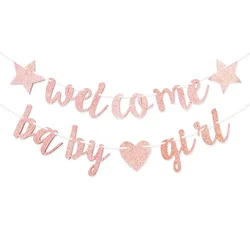 Baby Shower Decoration Banner Pink Five-pointed Star Love Welcome Baby Girl Glitter Garland Party Decoration