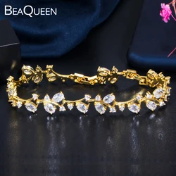 BeaQueen Exquisite Pebbles Shape Oval Cubic Zirconia Stone Leaf Cluster Tennis Bracelet 585 Yellow Gold Color Women Jewelry B189