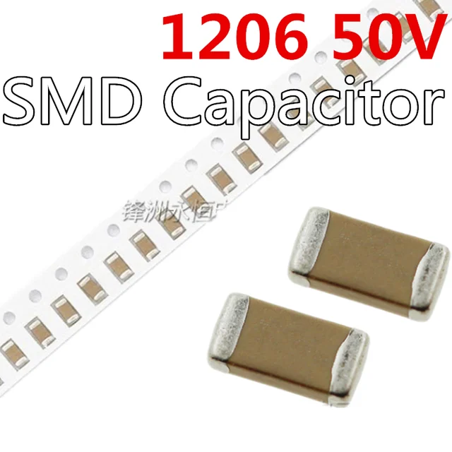 100szt 1206 50V SMD Grubowarstwowy wielowarstwowy kondensator ceramiczny 1pF- 22uF 1P 10PF 10NF 100NF 1UF 2.2UF 4.7UF 10UF 22PF