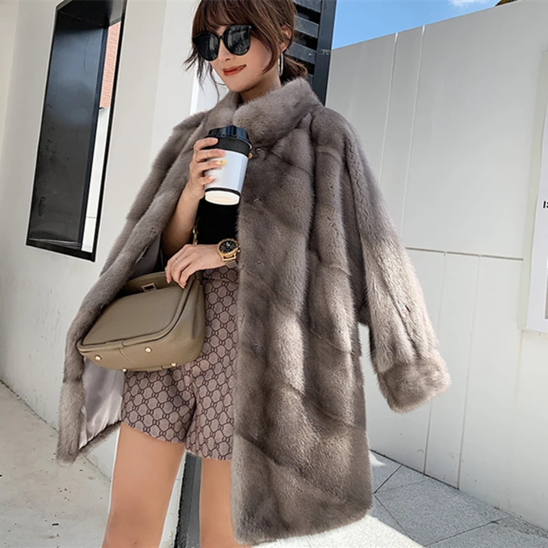 Real Natural Fur Coat for Women, Stand Collar, Whole Female Mink Fur Jacket, Long, Popular, Autumn, Winter, Regular